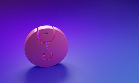 Pink Fishing hook icon isolated on purple-blue background. Fishing tackle. Minimalism concept. 3D render illustration.の写真素材