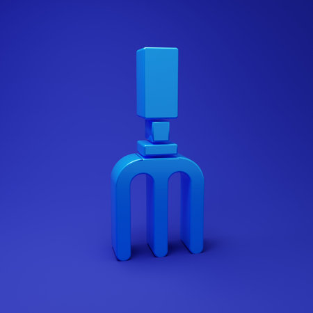 Blue Garden rake icon isolated on blue background. Tool for horticulture, agriculture, farming. Ground cultivator. Minimalism concept. 3D render illustration.の写真素材