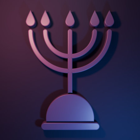 Purple Hanukkah menorah icon isolated on purple-blue background. Hanukkah traditional symbol. Holiday religion, jewish festival of Lights. Minimalism concept. 3D render illustration.の写真素材