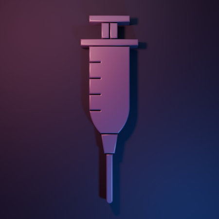 Purple Syringe icon isolated on purple-blue background. Syringe for vaccine, vaccination, injection, flu shot. Medical equipment. Minimalism concept. 3D render illustration.の写真素材
