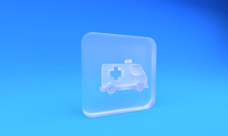 Frosted glass Ambulance and emergency car icon isolated on blue background. Ambulance vehicle medical evacuation. Square frosted glass button. 3D render illustration.の写真素材