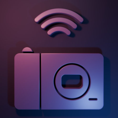 Purple Smart photo camera system icon isolated on purple-blue background. Internet of things concept with wireless connection. Minimalism concept. 3D render illustration.の写真素材