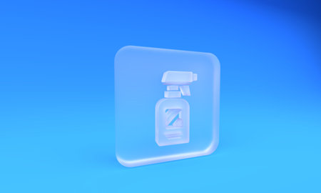 Frosted glass Hairdresser pistol spray bottle with water icon isolated on blue background. Square frosted glass button. 3D render illustration.の写真素材