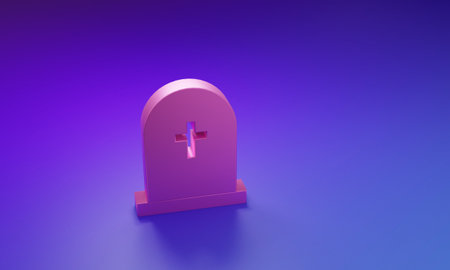 Pink Tombstone with cross icon isolated on purple-blue background. Grave icon. Minimalism concept. 3D render illustration.の写真素材