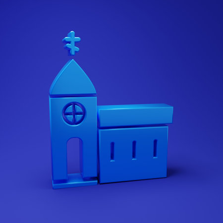 Blue Church building icon isolated on blue background. Christian Church. Religion of church. Minimalism concept. 3D render illustration.の写真素材