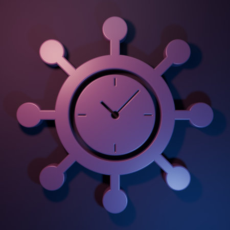 Purple Clock and gear icon isolated on purple-blue background. Time Management symbol. Business...