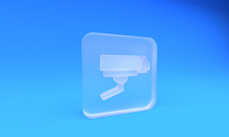 Frosted glass Security camera icon isolated on blue background. Square frosted glass button. 3D render illustration.の写真素材