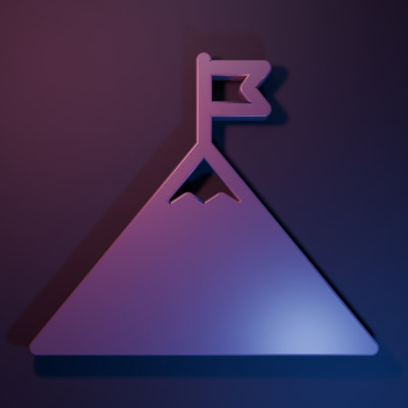 Purple Mountains and flag on top icon isolated on purple-blue background. Symbol of victory or success concept. Minimalism concept. 3D render illustration.の写真素材