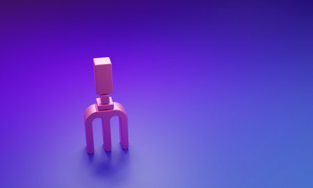 Pink Garden rake icon isolated on purple-blue background. Tool for horticulture, agriculture, farming. Ground cultivator. Minimalism concept. 3D render illustration.の写真素材