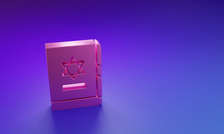Pink Jewish torah book icon isolated on purple-blue background. On the cover of the Bible is the...