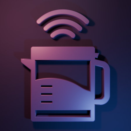 Purple Smart electric kettle system icon isolated on purple-blue background. Teapot icon. Internet of things concept with wireless connection. Minimalism concept. 3D render illustration.の写真素材