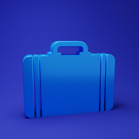 Blue Suitcase for travel icon isolated on blue background. Traveling baggage sign. Travel luggage icon. Minimalism concept. 3D render illustration.の写真素材
