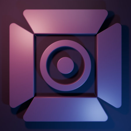 Purple Movie spotlight icon isolated on purple-blue background. Light Effect. Scene, Studio, Show. Minimalism concept. 3D render illustration.の写真素材