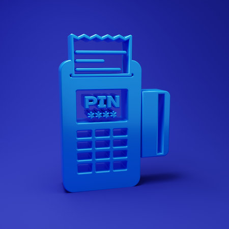Blue POS terminal with inserted credit card and printed recipient icon isolated on blue background. NFC payment concept. Minimalism concept. 3D render illustration.の写真素材