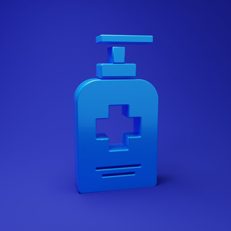 Blue Bottle of liquid antibacterial soap with dispenser icon isolated on blue background. Antiseptic. Disinfection, hygiene, skin care. Minimalism concept. 3D render illustration.の写真素材