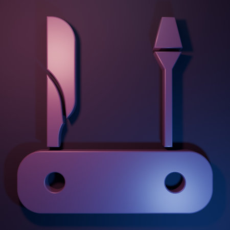Purple Swiss army knife icon isolated on purple-blue background. Multi-tool, multipurpose penknife. Multifunctional tool. Minimalism concept. 3D render illustration.の写真素材