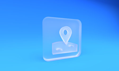 Frosted glass Location fishing icon isolated on blue background. Fishing place. Square frosted glass button. 3D render illustration.の写真素材