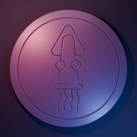 Purple Octopus on a plate icon isolated on purple-blue background. Minimalism concept. 3D render illustration.の写真素材