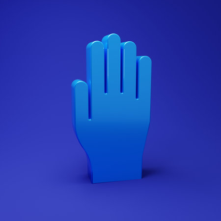 Blue Medical rubber gloves icon isolated on blue background. Protective rubber gloves. Minimalism concept. 3D render illustration.の写真素材