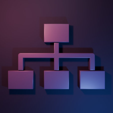 Purple Business hierarchy organogram chart infographics icon isolated on purple-blue background. Corporate organizational structure graphic elements. Minimalism concept. 3D render illustration.の写真素材