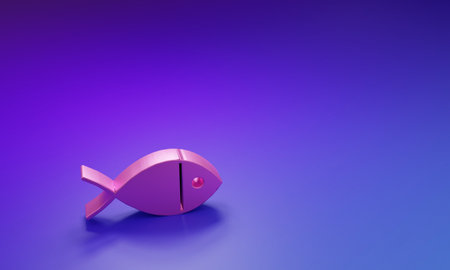 Pink Christian fish symbol icon isolated on purple-blue background. Jesus fish symbol. Minimalism concept. 3D render illustration.の写真素材
