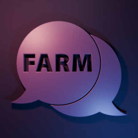 Purple Speech bubble with text Farm icon isolated on purple-blue background. Minimalism concept. 3D render illustration.の写真素材