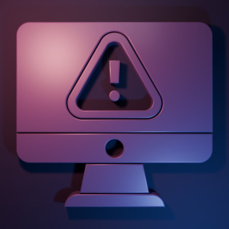Purple Computer monitor with exclamation mark icon isolated on purple-blue background. Alert message smartphone notification. Minimalism concept. 3D render illustration.の写真素材