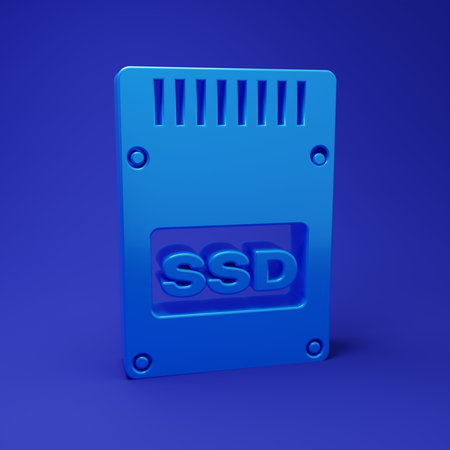 Blue SSD card icon isolated on blue background. Solid state drive sign. Storage disk symbol. Minimalism concept. 3D render illustration.の写真素材