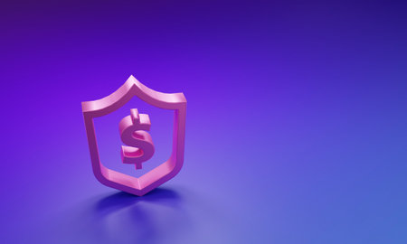 Pink Shield with dollar symbol icon isolated on purple-blue background. Security shield protection. Money security concept. Minimalism concept. 3D render illustration.の写真素材