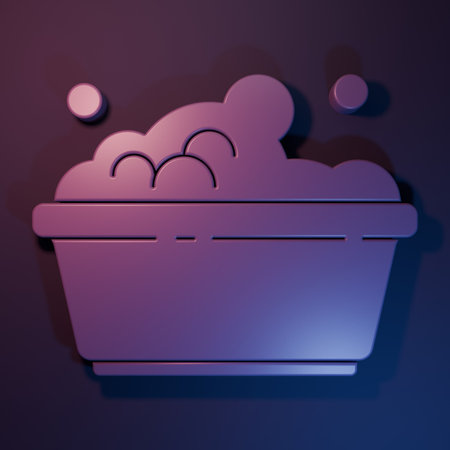 Purple Plastic basin with soap suds icon isolated on purple-blue background. Bowl with water. Washing clothes, cleaning equipment. Minimalism concept. 3D render illustration.の写真素材