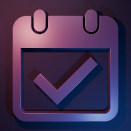 Purple Calendar with check mark icon isolated on purple-blue background. Minimalism concept. 3D render illustration.の写真素材