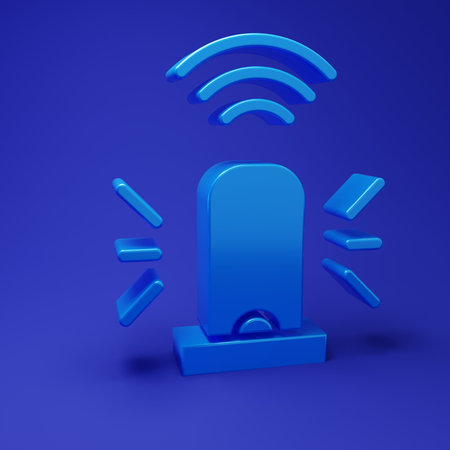 Blue Smart flasher siren system icon isolated on blue background. Emergency flashing siren. Internet of things concept with wireless connection. Minimalism concept. 3D render illustration.の写真素材