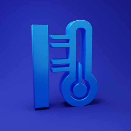 Blue Meteorology thermometer measuring icon isolated on blue background. Thermometer equipment showing hot or cold weather. Minimalism concept. 3D render illustration.の写真素材