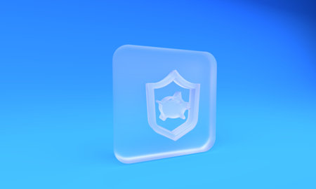 Frosted glass Piggy bank with shield icon isolated on blue background. Saving or accumulation of money, investment. Insurance concept. Square frosted glass button. 3D render illustration.の写真素材