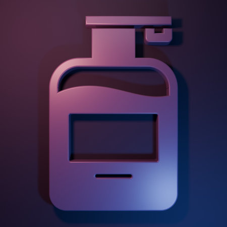 Purple Bottle of liquid antibacterial soap with dispenser icon isolated on purple-blue background. Antiseptic. Disinfection, hygiene, skin care. Minimalism concept. 3D render illustration.の写真素材