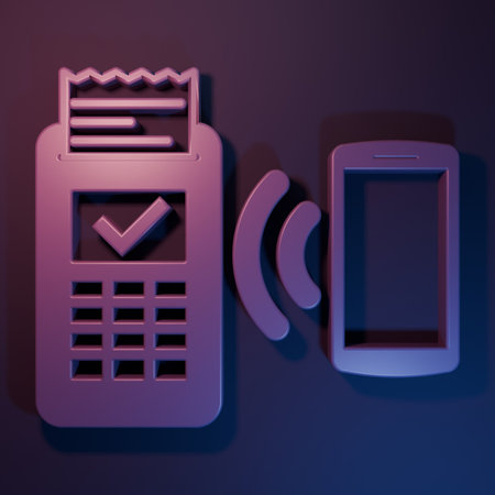 Purple POS terminal with printed recipient and confirms the payment by smartphone icon isolated on purple-blue background. NFC payment concept. Minimalism concept. 3D render illustration.の写真素材