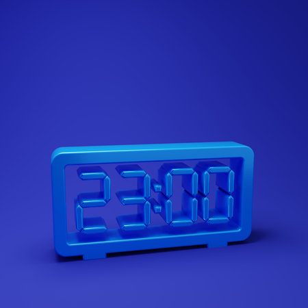 Blue Digital alarm clock icon isolated on blue background. Electronic watch alarm clock. Time icon. Minimalism concept. 3D render illustration.の写真素材