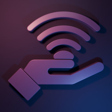 Purple 5G new wireless internet wifi connection icon isolated on purple-blue background. Global network high speed connection data rate technology. Minimalism concept. 3D render illustration.の写真素材