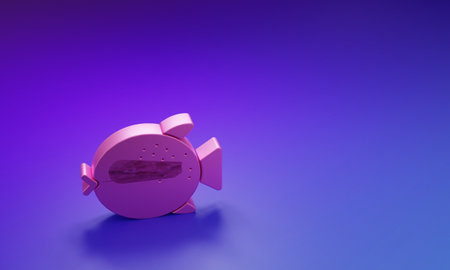 Pink Puffer fish icon isolated on purple-blue background. Fugu fish japanese puffer fish. Minimalism concept. 3D render illustration.の写真素材