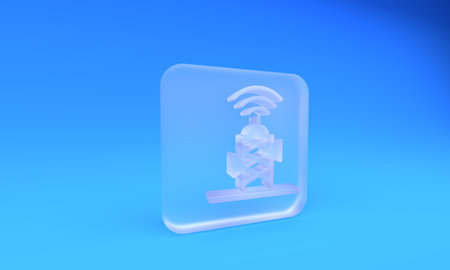 Frosted glass Wireless antenna icon isolated on blue background. Technology and network signal radio antenna. Square frosted glass button. 3D render illustration.の写真素材