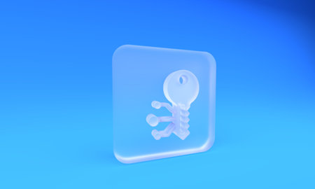 Frosted glass Cryptocurrency key icon isolated on blue background. Concept of cyber security or private key, digital key with technology interface. Square frosted glass button. 3D render illustration.の写真素材