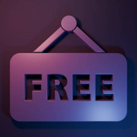 Purple Price tag with an inscription Free icon isolated on purple-blue background. Badge for price. Promo tag discount. Minimalism concept. 3D render illustration.の写真素材