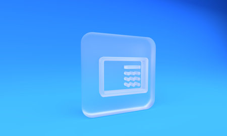 Frosted glass Safe icon isolated on blue background. The door safe a bank vault with a combination lock. Reliable Data Protection. Square frosted glass button. 3D render illustration.の写真素材