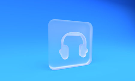 Frosted glass Headphones icon isolated on blue background. earphones. Concept for listening to music, service, communication and operator. Square frosted glass button. 3D render illustration.の写真素材
