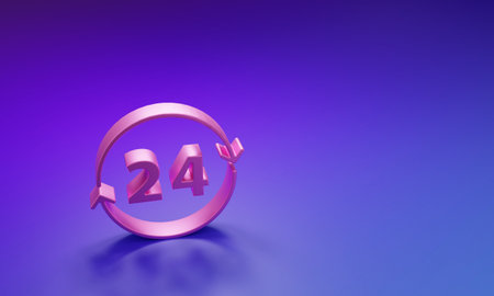 Pink Clock 24 hours icon isolated on purple-blue background. All day cyclic icon. 24 hours service symbol. Minimalism concept. 3D render illustration.の写真素材