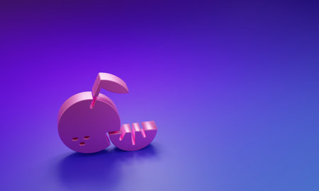 Pink Citrus fruit icon isolated on purple-blue background. Orange in a cut. Healthy lifestyle. Minimalism concept. 3D render illustration.の写真素材
