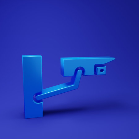 Blue Security camera icon isolated on blue background. Minimalism concept. 3D render illustration.の写真素材