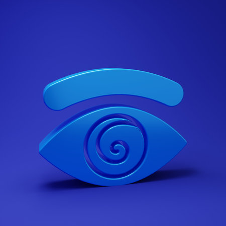 Blue Hypnosis icon isolated on blue background. Human eye with spiral hypnotic iris. Minimalism concept. 3D render illustration.の写真素材
