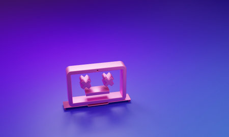 Pink Dead laptop icon isolated on purple-blue background. 404 error like laptop with dead emoji. Fatal error in pc system. Minimalism concept. 3D render illustration.の写真素材