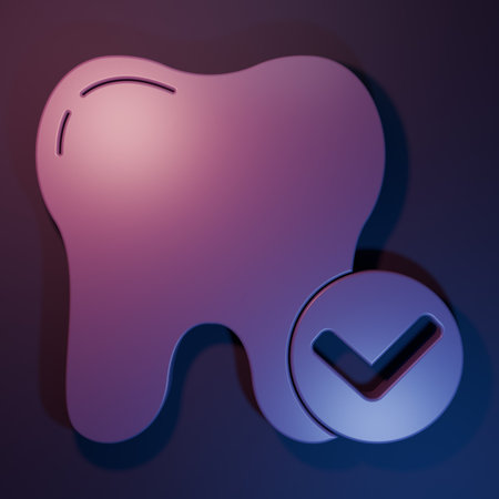 Purple Tooth whitening concept icon isolated on purple-blue background. Tooth symbol for dentistry clinic or dentist medical center. Minimalism concept. 3D render illustration.の写真素材